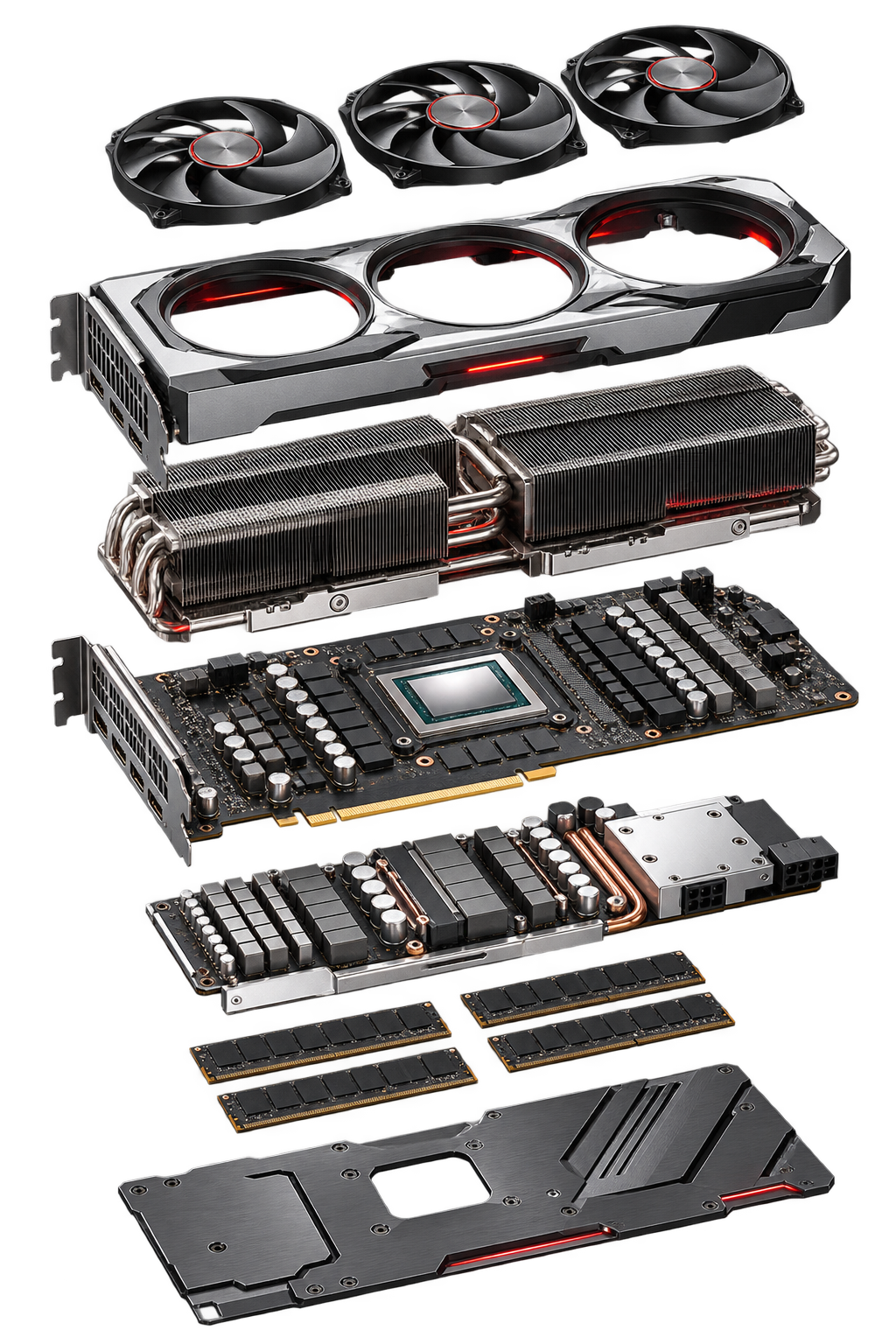 Цельная статичная схема GPU-ускорителя в красно-графитовом стиле